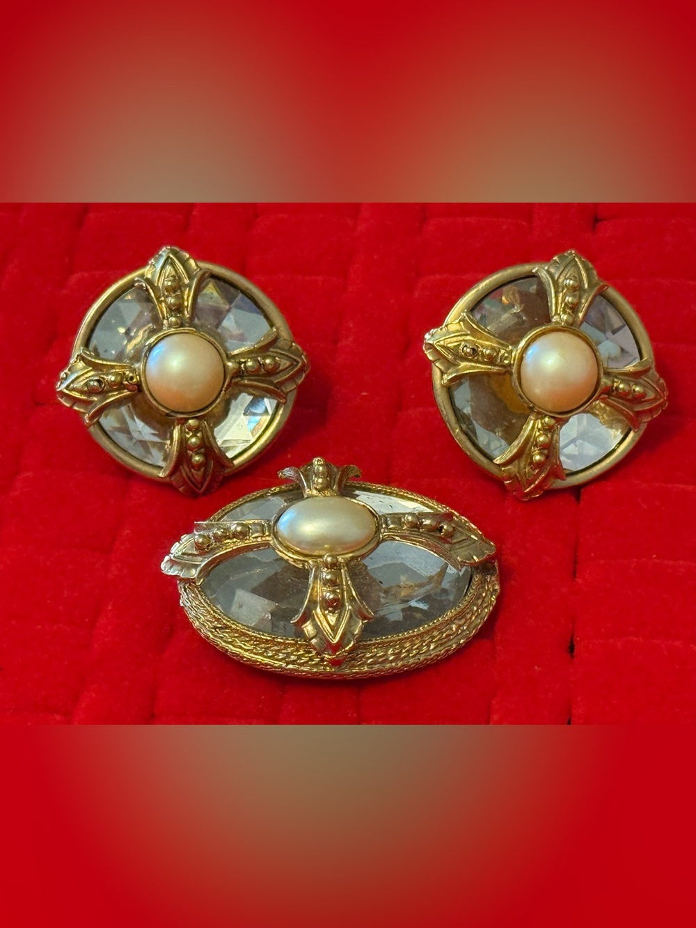 Vintage Maltese Cross Etruscan Faux Pearl Glass Earrings Brooch Set Rare!